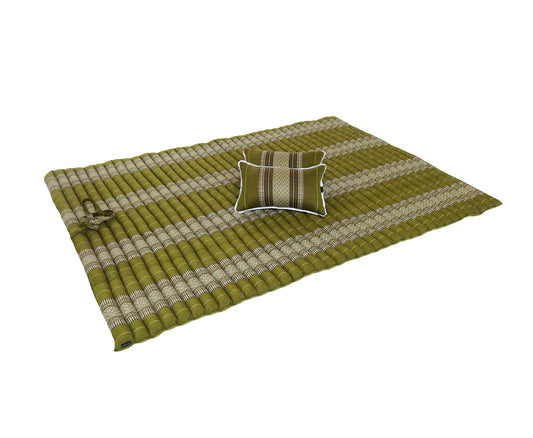 Thai Kapok XXL Roll-Up Double Mattress with Matching Pillows for Yoga or Massage, Green