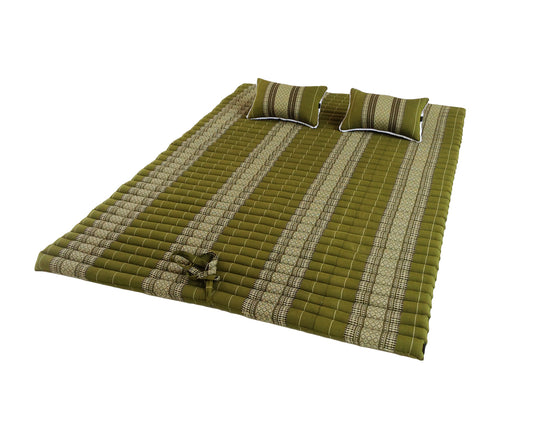 Thai Kapok XXL Roll-Up Double Mattress with Matching Pillows for Yoga or Massage, Green