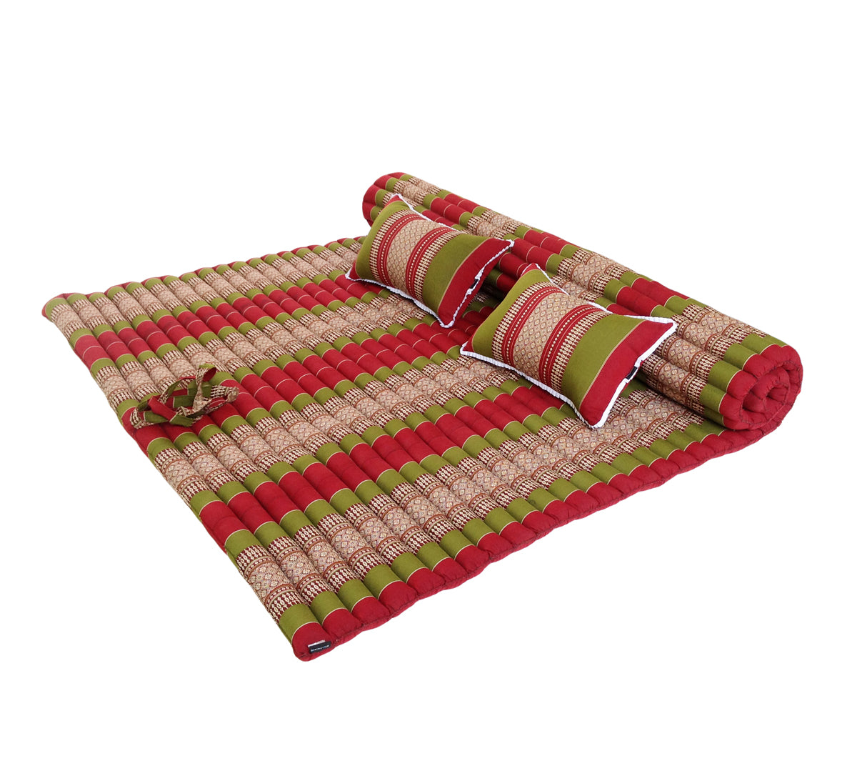 Thai Kapok XXL Roll-Up Double Mattress with Matching Pillows for Yoga or Massage, Green Burgundy