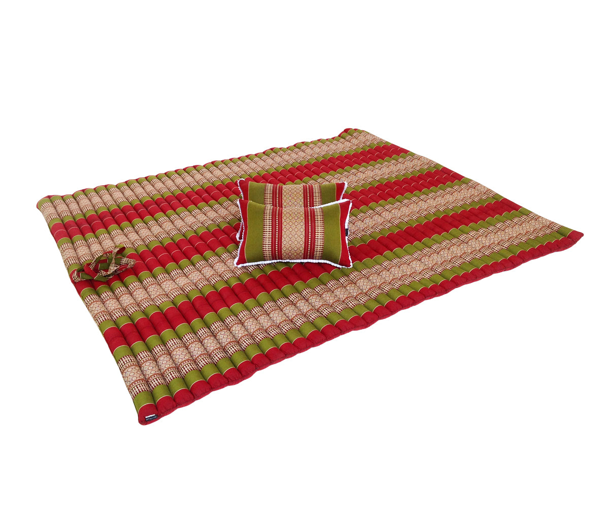 Thai Kapok XXL Roll-Up Double Mattress with Matching Pillows for Yoga or Massage, Green Burgundy