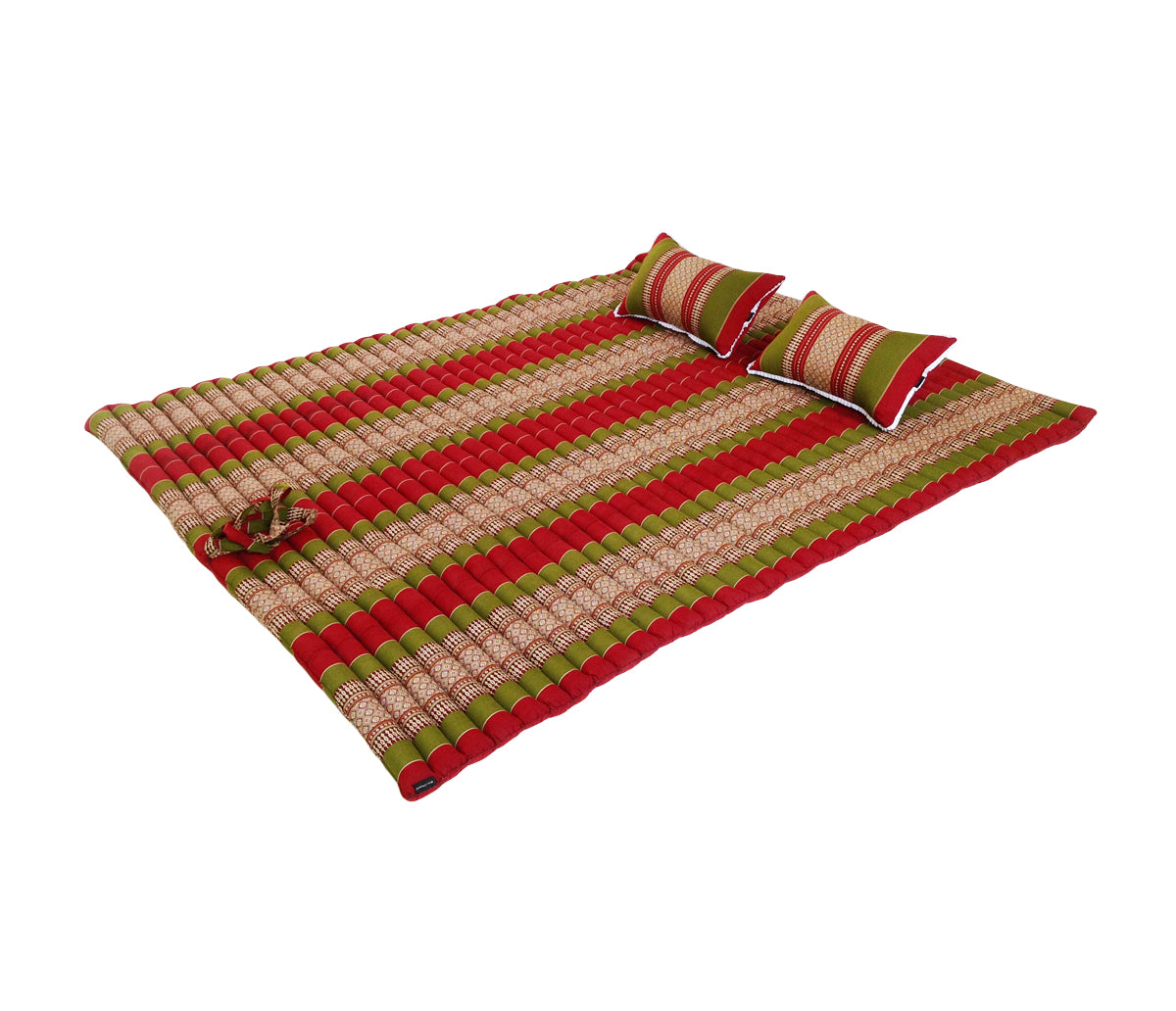 Thai Kapok XXL Roll-Up Double Mattress with Matching Pillows for Yoga or Massage, Green Burgundy