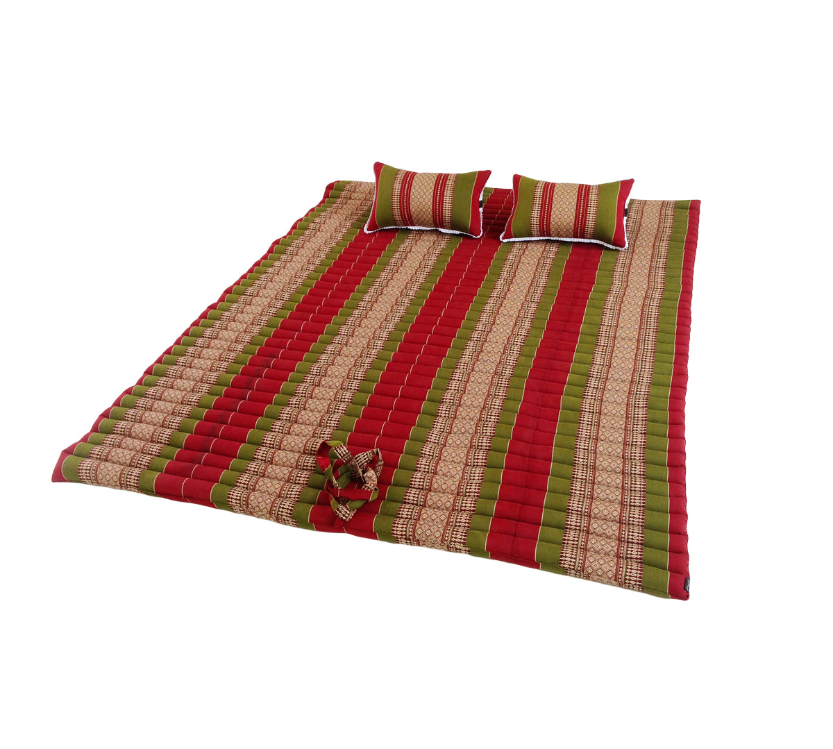 Thai Kapok XXL Roll-Up Double Mattress with Matching Pillows for Yoga or Massage, Green Burgundy