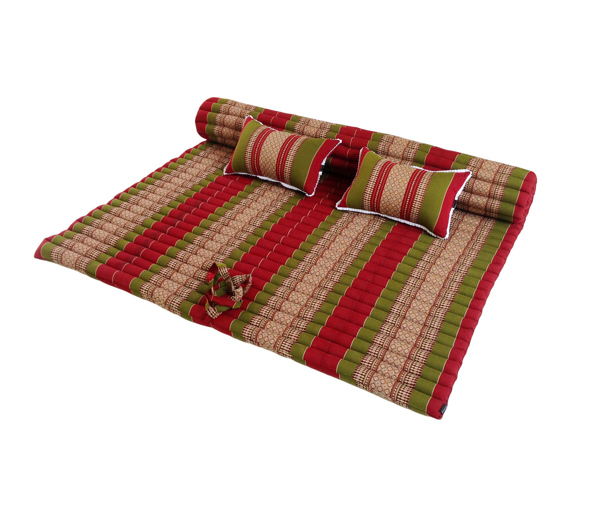 Thai Kapok XXL Roll-Up Double Mattress with Matching Pillows for Yoga or Massage, Green Burgundy