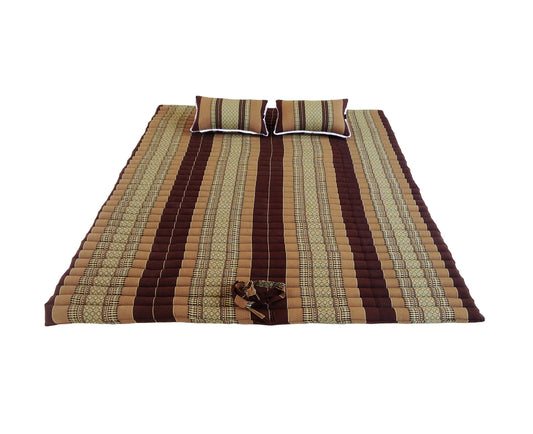 Thai Kapok XXL Roll-Up Double Mattress with Matching Pillows for Yoga or Massage, Brown
