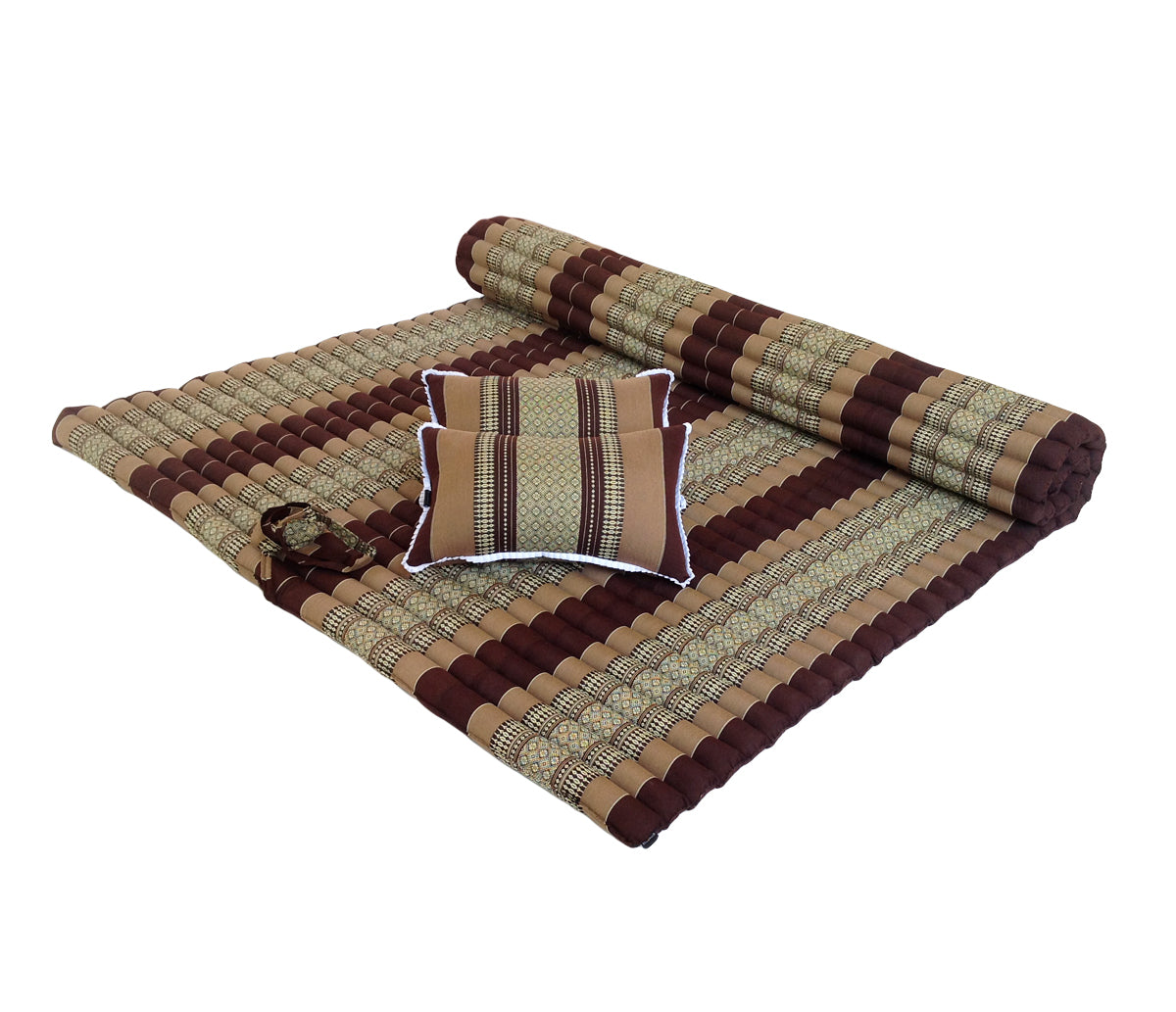 Thai Kapok XXL Roll-Up Double Mattress with Matching Pillows for Yoga or Massage, Brown