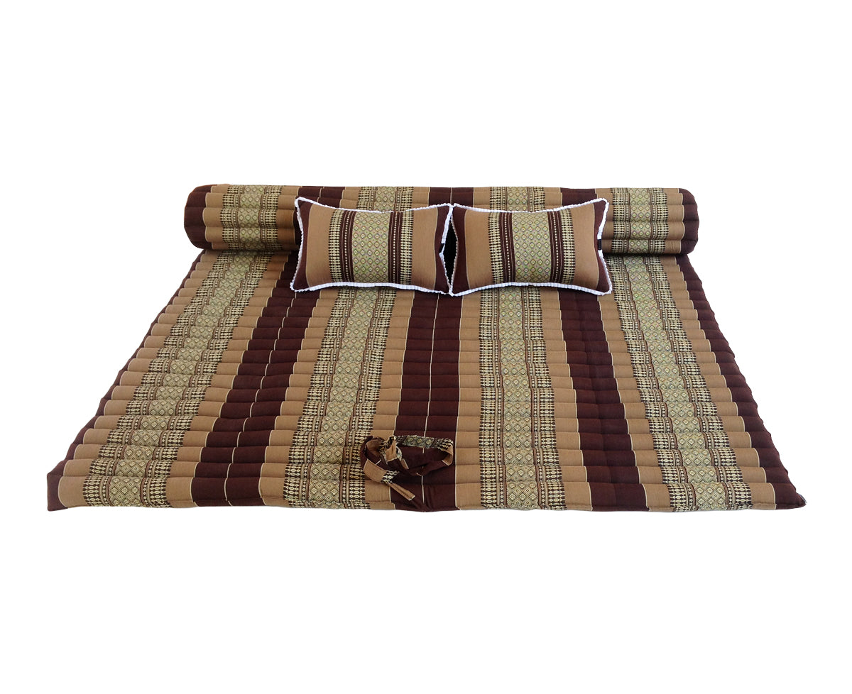 Thai Kapok XXL Roll-Up Double Mattress with Matching Pillows for Yoga or Massage, Brown
