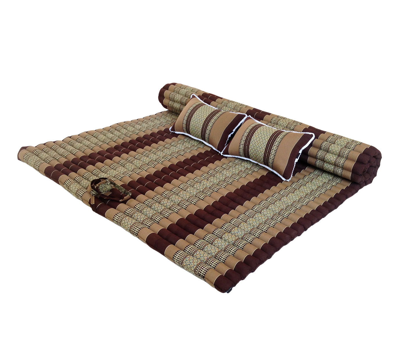 Thai Kapok XXL Roll-Up Double Mattress with Matching Pillows for Yoga or Massage, Brown