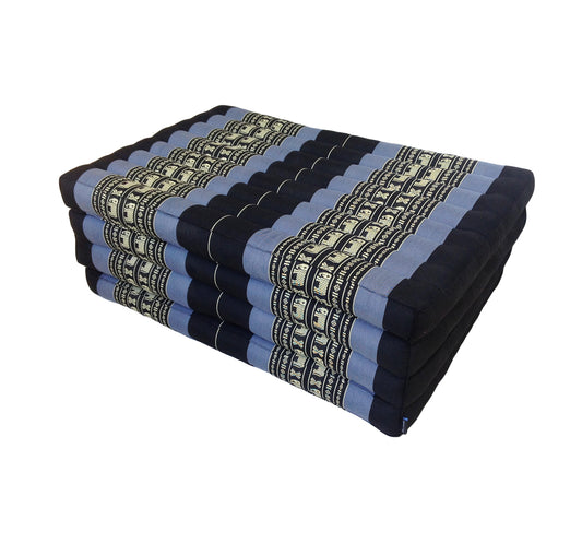 Thai Kapok Folding Floor Mattress – Single (200 × 80 cm) Natural Firm Support for Yoga, Meditation, Massage & Guest Bed, Indoor & Outdoor Use (Navy Blue with Elephants)