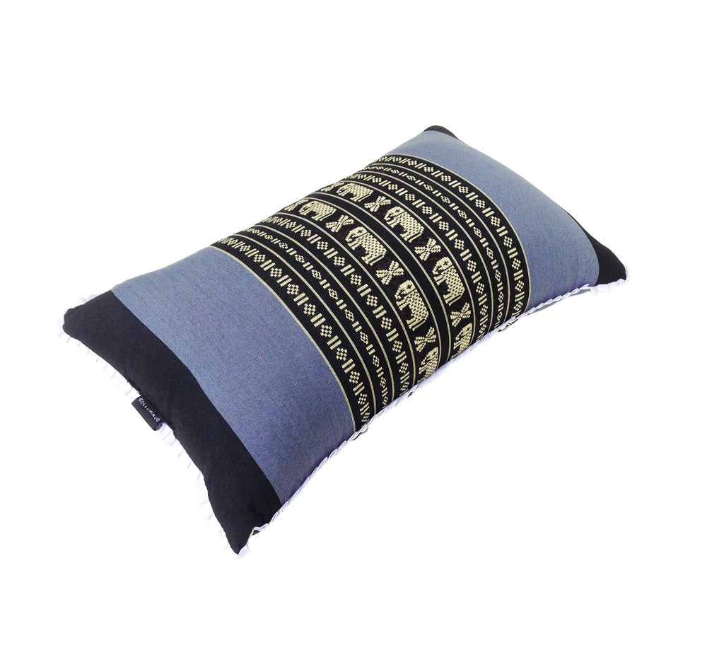 Traditional Thai Kapok Yoga & Meditation Support Pillow – Large Rectangle 45×28cm | Firm Floor Cushion for Yoga, Meditation & Massage (Navy Blue with Elephants)