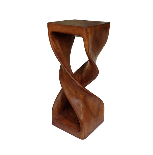 Collumino Double Twist 30 inch Solid Wood Corner Table, Display Stand, High Bar Stool - Caramel Brown