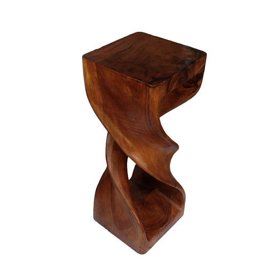 Collumino Double Twist 30 inch Solid Wood Corner Table, Display Stand, High Bar Stool - Caramel Brown