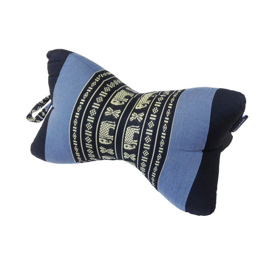 Collumino Traditional Thai Kapok Neck Support Pillow – Organic Firm Yoga & Massage Bolster Cushion (30 x 15cm) Portable Headrest & Knee Support (Navy Blue with Elephants)