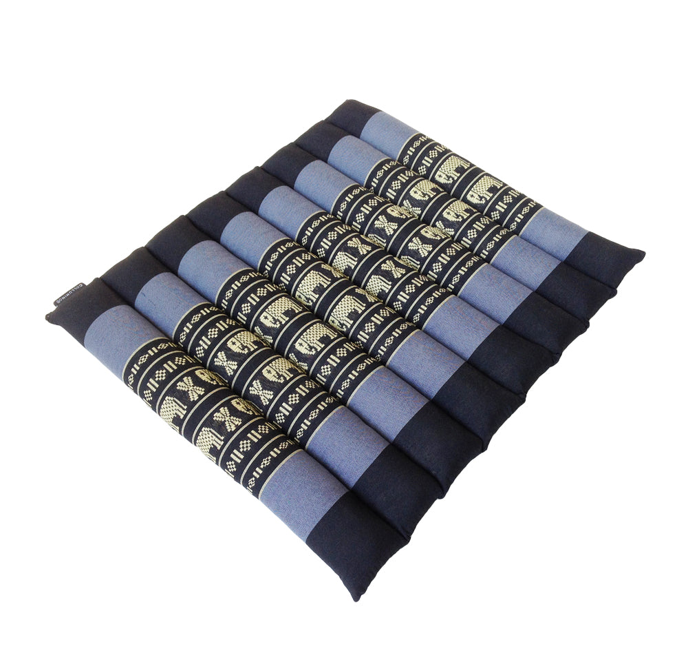 Collumino Thai Kapok Roll-Up Floor Cushion | Portable Meditation Yoga and Prayer Seat Pad 38x38cm (Navy Blue with Elephants)