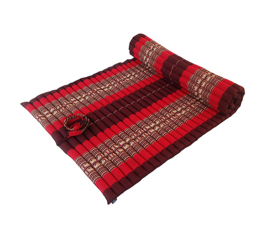 Thai Kapok XL Roll-Up Floor Mattress for Yoga, Massage & Meditation (Red with Elephants)