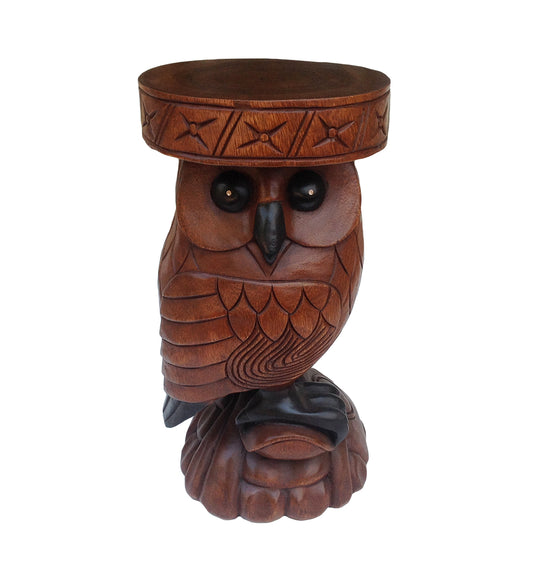 Collumino 20” Wood Carved Owl Design Side Table, End Table & Accent Stool, Caramel Brown