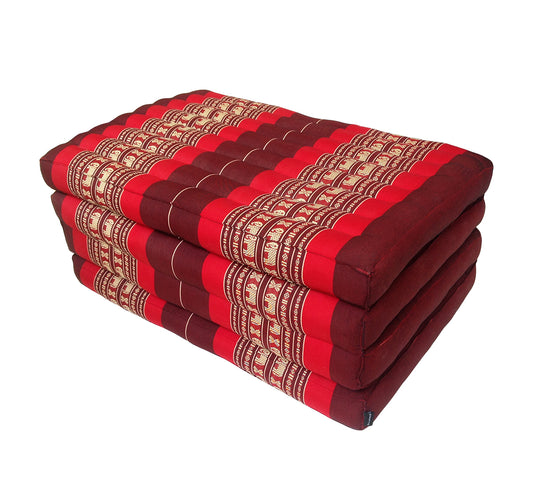 Thai Kapok Folding Floor Mattress – Single (200 × 80 cm) Natural Firm Support for Yoga, Meditation, Massage & Guest Bed, Indoor & Outdoor Use (Red with Elephants)
