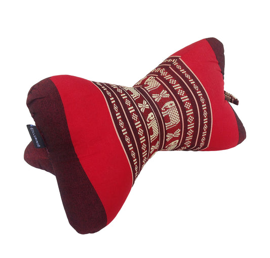 Collumino Traditional Thai Kapok Neck Support Pillow – Organic Firm Yoga & Massage Bolster Cushion (30 x 15cm) Portable Headrest & Knee Support (Red with Elephants)