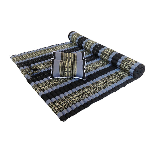 Thai Kapok XXL Roll-Up Double Mattress with Matching Pillows for Yoga or Massage, Navy Blue with Elephants