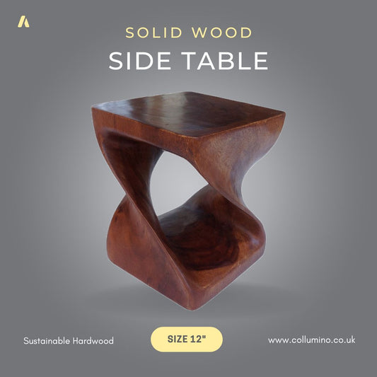 Collumino 12” (30cm) Solid Suar Wood Twist Side Table – Caramel Wooden End Table & Accent Stool