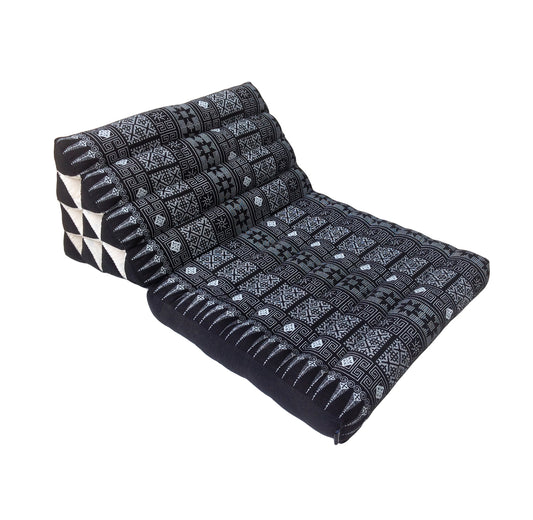 Collumino Thai Kapok Fold-Up Floor Seat with Firm Triangle Recliner Backrest Cushion – Natural Support for Meditation and Relaxed Floor Seating (Black Batik)
