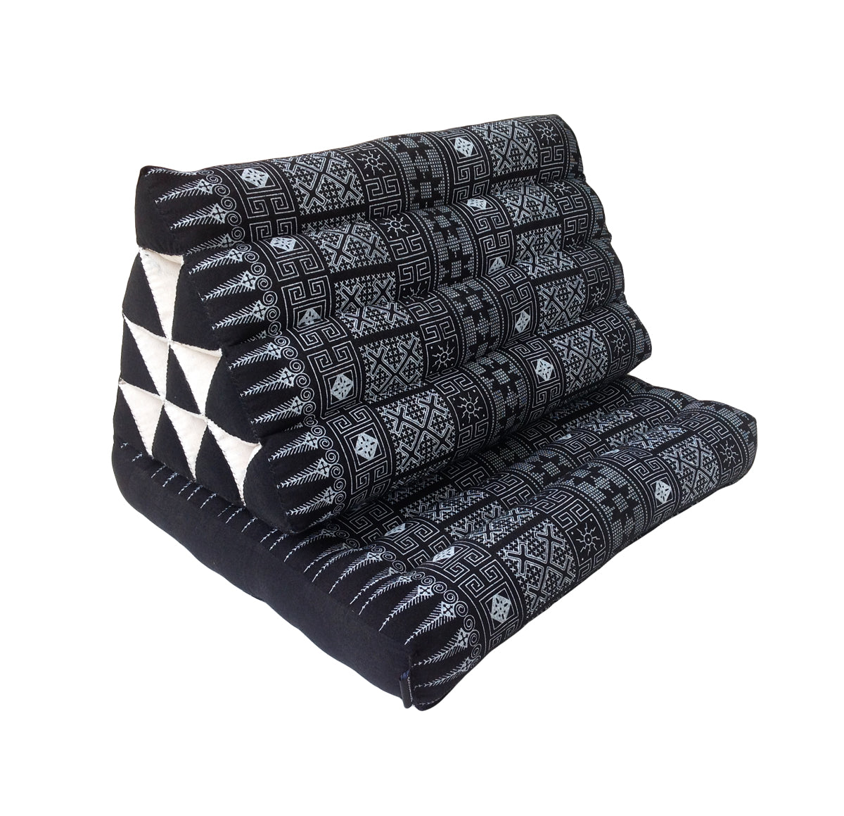 Collumino Thai Kapok Fold-Up Floor Seat with Firm Triangle Recliner Backrest Cushion – Natural Support for Meditation and Relaxed Floor Seating (Black Batik)