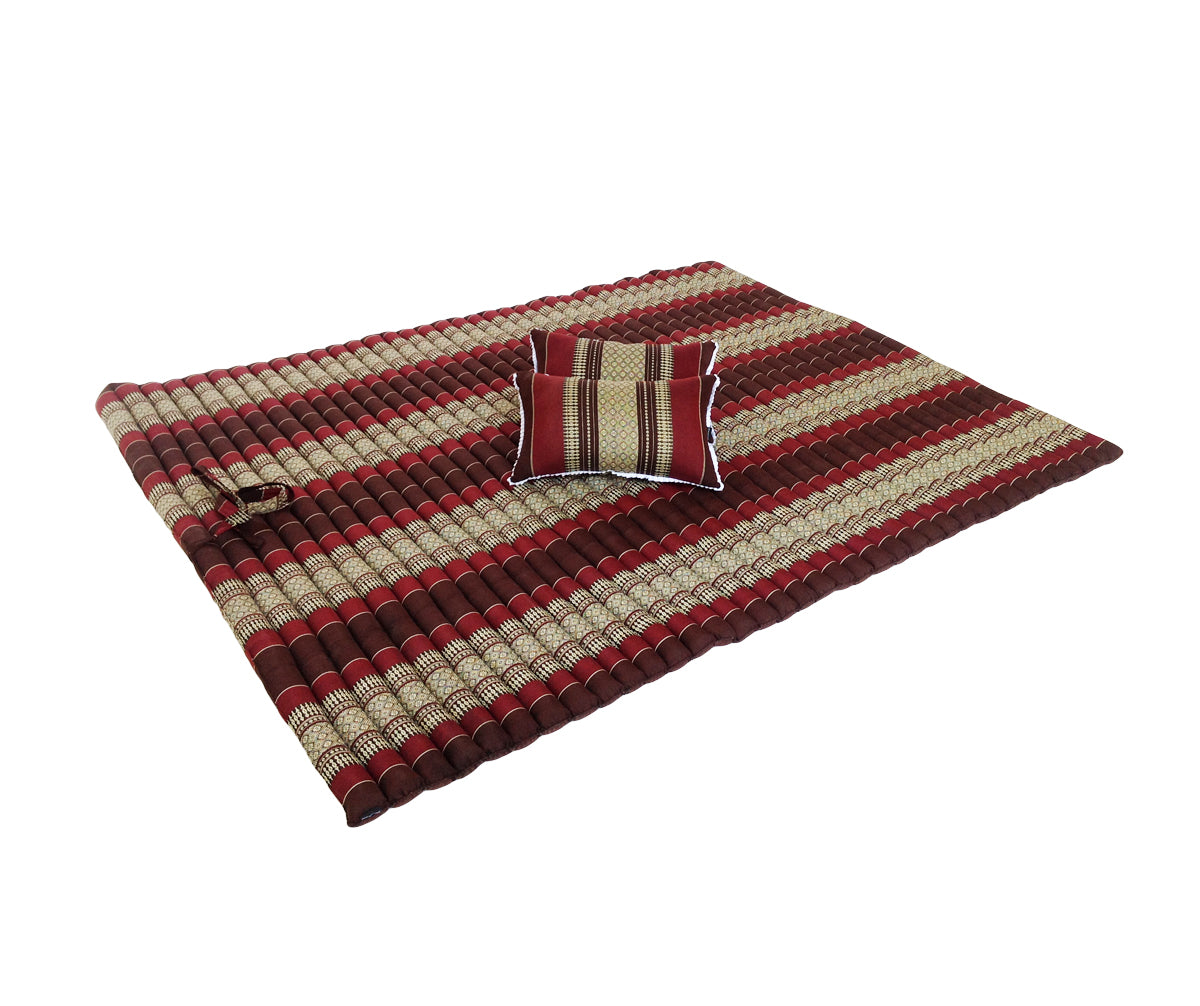 Thai Kapok XXL Roll-Up Double Mattress with Matching Pillows for Yoga or Massage, Burgundy Brown