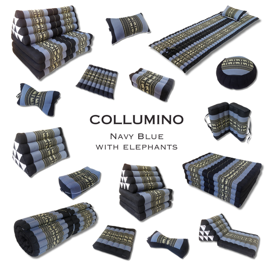 Collumino Traditional Thai Kapok Triangle Cushion – Firm Lumbar Support Recliner for Yoga, Meditation & Relaxation (Navy Blue with Elephants)