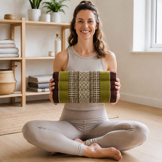 Thai Kapok Yoga & Meditation Cushion Support Block (35 × 15 × 10cm) – Natural Kapok Meditation Seat & Yoga Bolster by Collumino (Green & Brown)