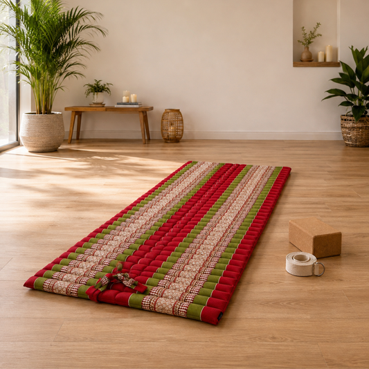 Thai Kapok Roll Up Floor & Topper Mattress – Medium 200 × 80cm - Green & Burgundy