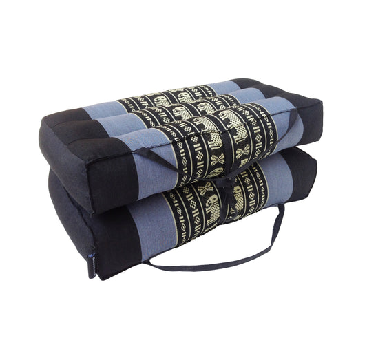 Traditional Thai Kapok Meditation Cushion for Yoga, Floor Seating & Mindfulness – Organic Foldable Yoga Cushion with Handle (Navy Blue with Elephants)