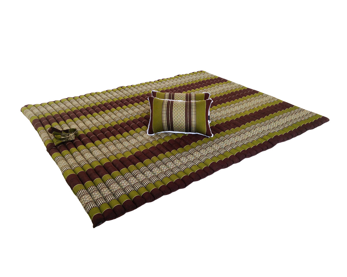 Thai Kapok XXL Roll-Up Double Mattress with Matching Pillows for Yoga or Massage, Green Brown