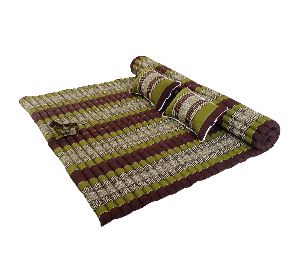 Thai Kapok XXL Roll-Up Double Mattress with Matching Pillows for Yoga or Massage, Green Brown