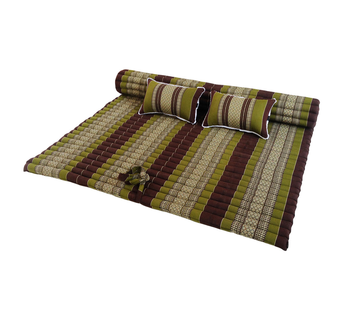 Thai Kapok XXL Roll-Up Double Mattress with Matching Pillows for Yoga or Massage, Green Brown