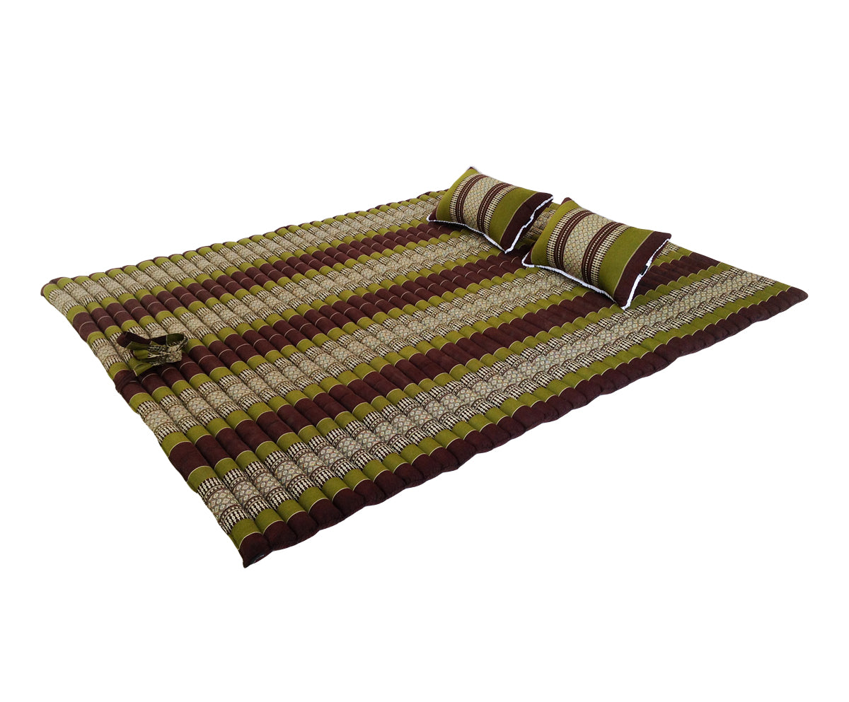 Thai Kapok XXL Roll-Up Double Mattress with Matching Pillows for Yoga or Massage, Green Brown