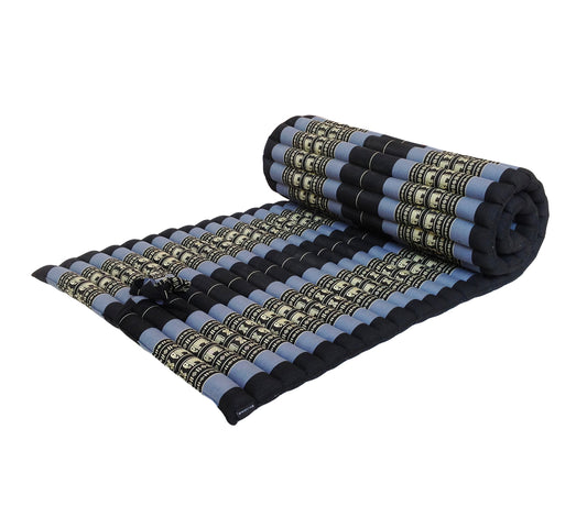 Thai Kapok Roll Up Floor & Topper Mattress – Medium 200 × 80cm - Navy Blue & Elephants