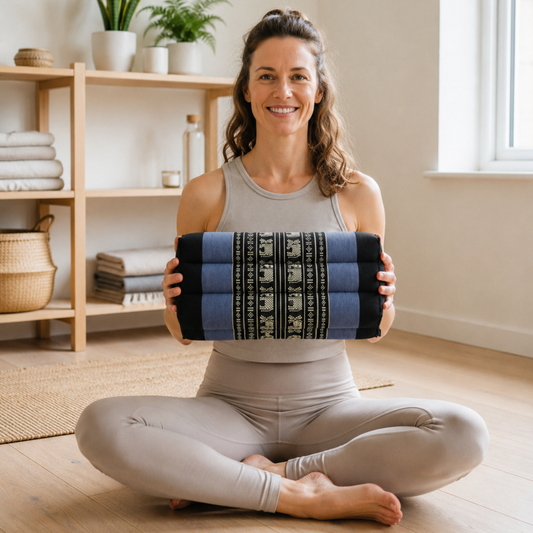Thai Kapok Yoga & Meditation Cushion Support Block (35 × 15 × 10cm) – Natural Kapok Meditation Seat & Yoga Bolster by Collumino (Navy Blue with Elephants)