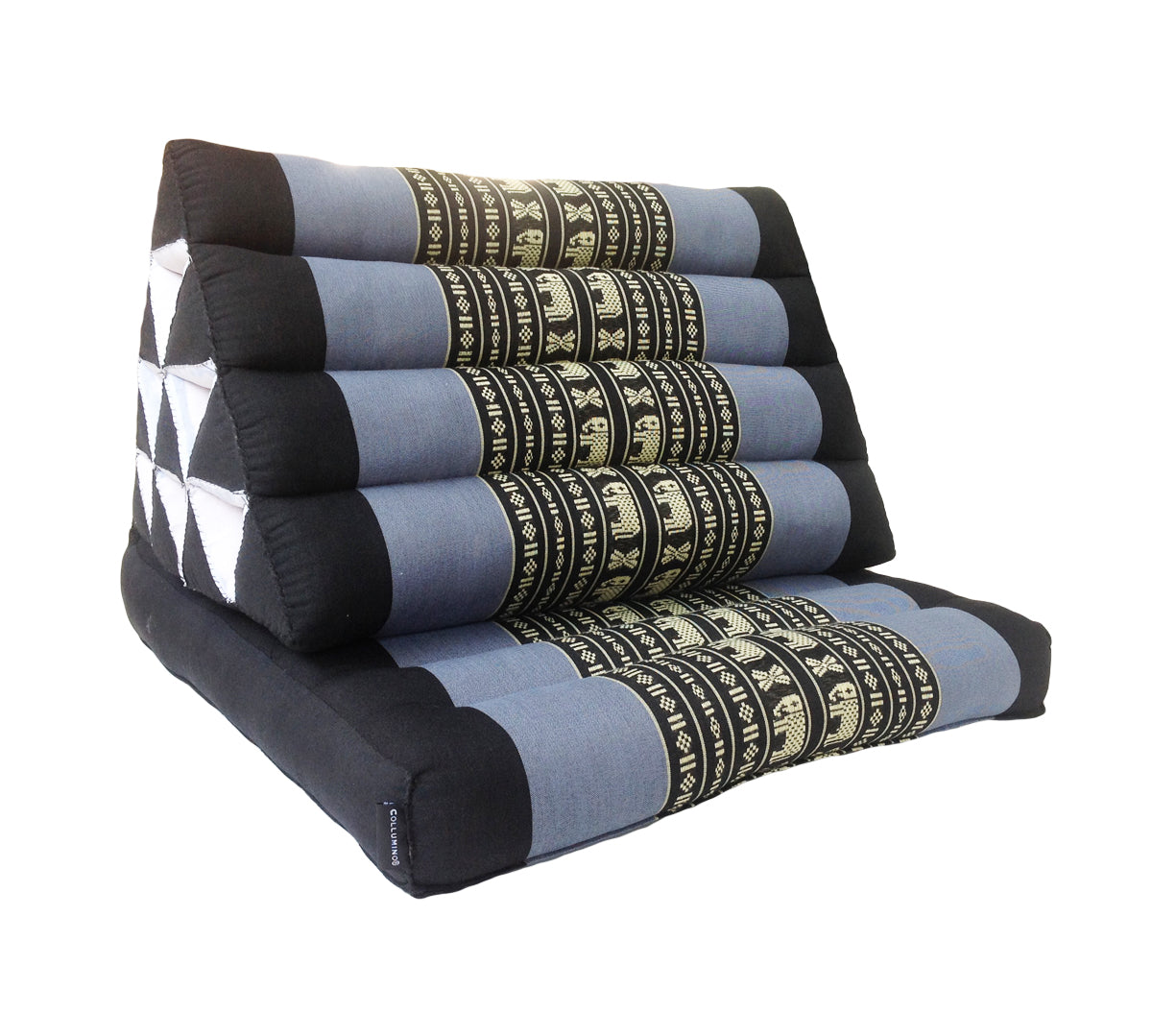 Collumino Thai Kapok Fold-Up Floor Seat with Firm Triangle Recliner Backrest Cushion – Natural Support for Meditation and Relaxed Floor Seating (Navy Blue with Elephants)