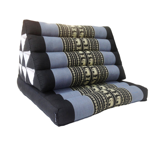 Collumino Thai Kapok Fold-Up Floor Seat with Firm Triangle Recliner Backrest Cushion – Natural Support for Meditation and Relaxed Floor Seating (Navy Blue with Elephants)