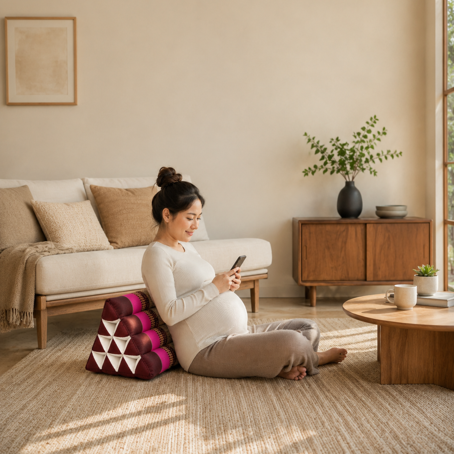 Collumino Traditional Thai Kapok Triangle Cushion – Firm Lumbar Support Recliner for Yoga, Meditation & Relaxation (Pink and Maroon)