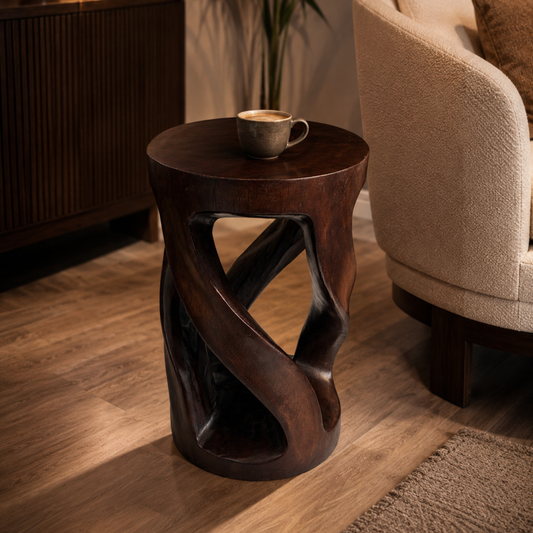 Wood Side Table - Round Top Stool - Vine Twist 20 inch - Dark Brown