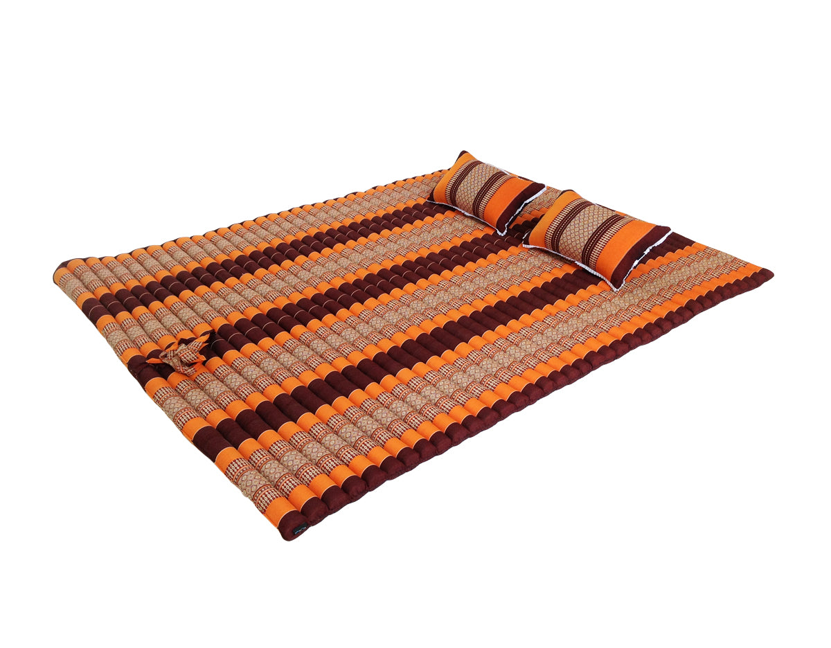 Thai Kapok XXL Roll-Up Double Mattress with Matching Pillows for Yoga, Meditation or Guest Bed (Orange and Maroon)