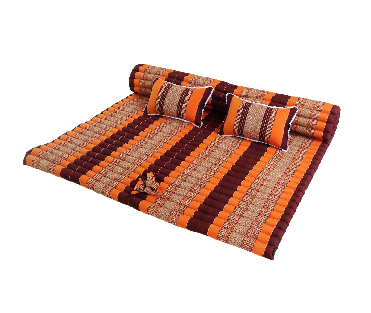 Thai Kapok XXL Roll-Up Double Mattress with Matching Pillows for Yoga, Meditation or Guest Bed (Orange and Maroon)