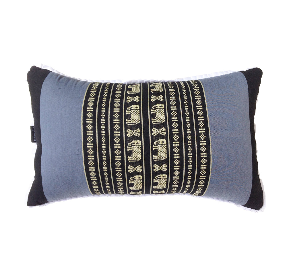 Traditional Thai Kapok Yoga & Meditation Support Pillow – Large Rectangle 45×28cm | Firm Floor Cushion for Yoga, Meditation & Massage (Navy Blue with Elephants)