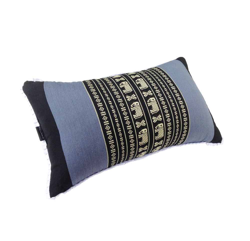 Traditional Thai Kapok Yoga & Meditation Support Pillow – Large Rectangle 45×28cm | Firm Floor Cushion for Yoga, Meditation & Massage (Navy Blue with Elephants)