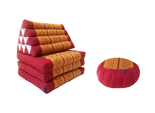 Thai Kapok Floor Mattress 3-Fold with Triangle Cushion and Zafu – Oriental Style Seating for Yoga, Massage & Relaxation (Copper, Burgundy)