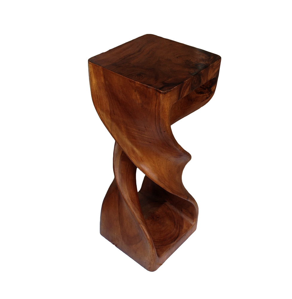 Collumino Double Twist 30 inch Solid Wood Corner Table, Display Stand, High Bar Stool - Caramel Brown