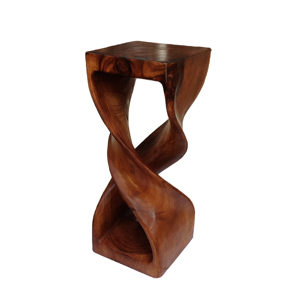 Collumino Double Twist 30 inch Solid Wood Corner Table, Display Stand, High Bar Stool - Caramel Brown