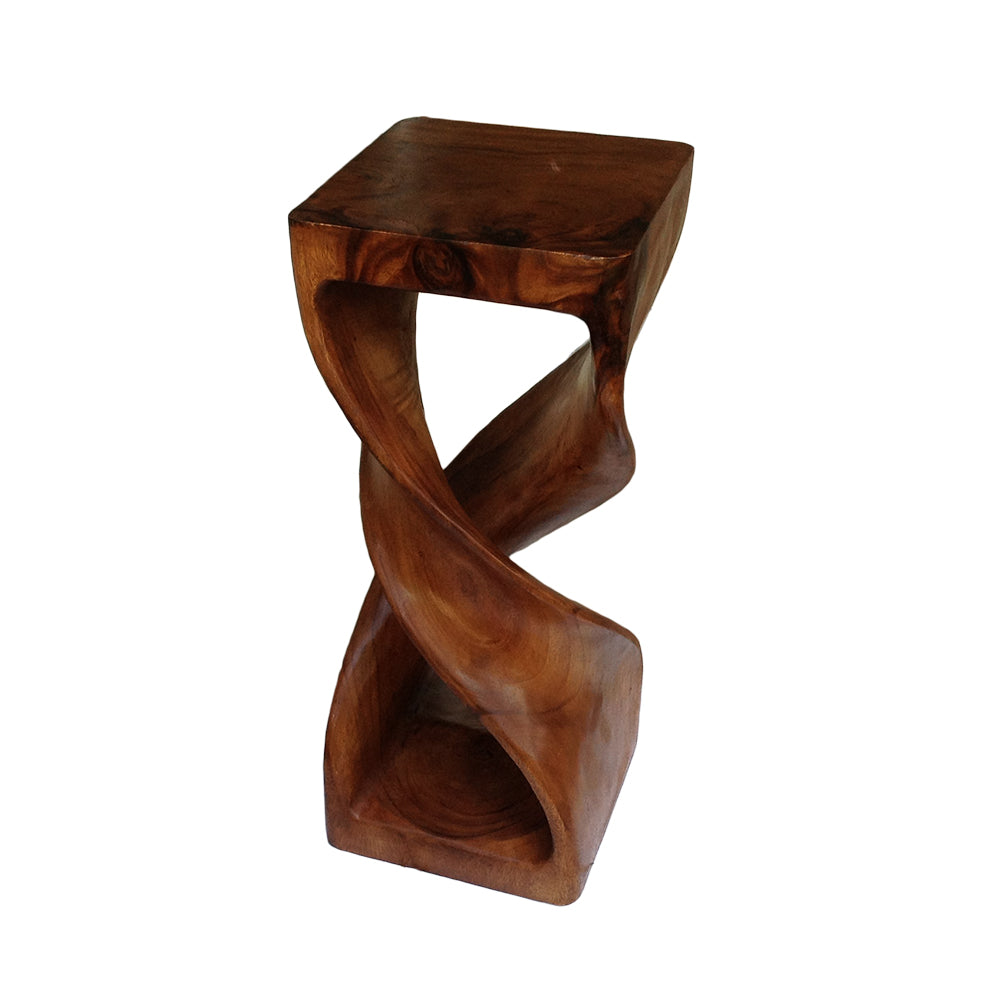 Collumino Double Twist 30 inch Solid Wood Corner Table, Display Stand, High Bar Stool - Caramel Brown