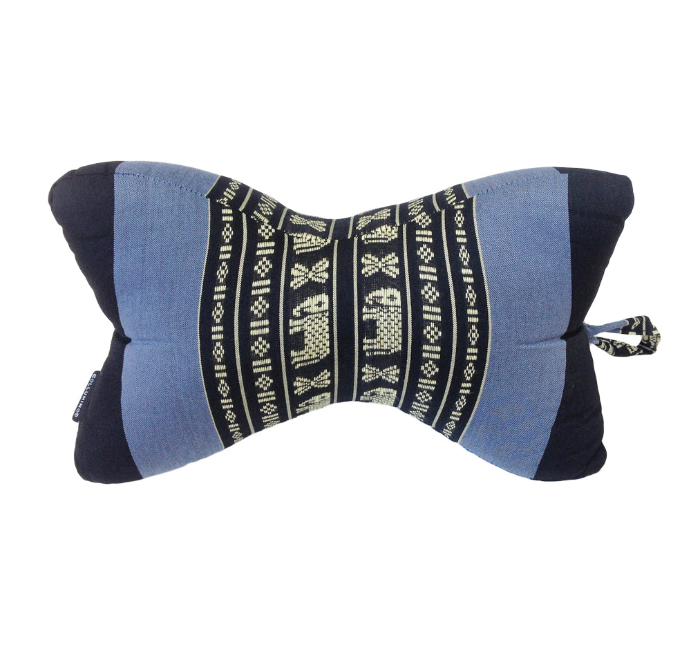 Collumino Traditional Thai Kapok Neck Support Pillow – Organic Firm Yoga & Massage Bolster Cushion (30 x 15cm) Portable Headrest & Knee Support (Navy Blue with Elephants)