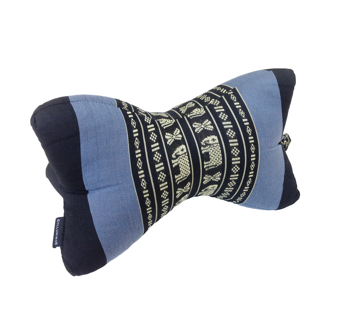 Collumino Traditional Thai Kapok Neck Support Pillow – Organic Firm Yoga & Massage Bolster Cushion (30 x 15cm) Portable Headrest & Knee Support (Navy Blue with Elephants)